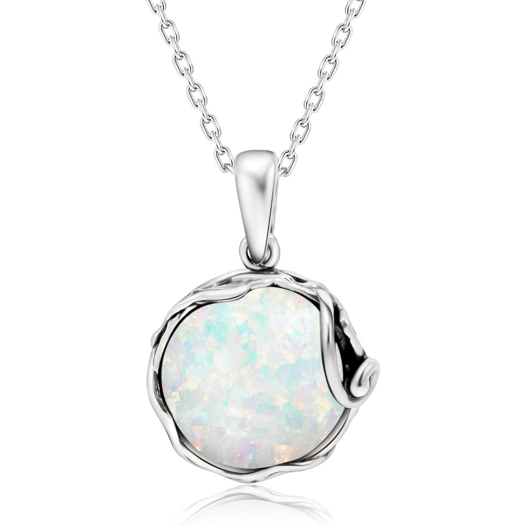 925 Sterling Silver White Opal Necklace 14mm Round Gemstone For Women - 50cm Cab